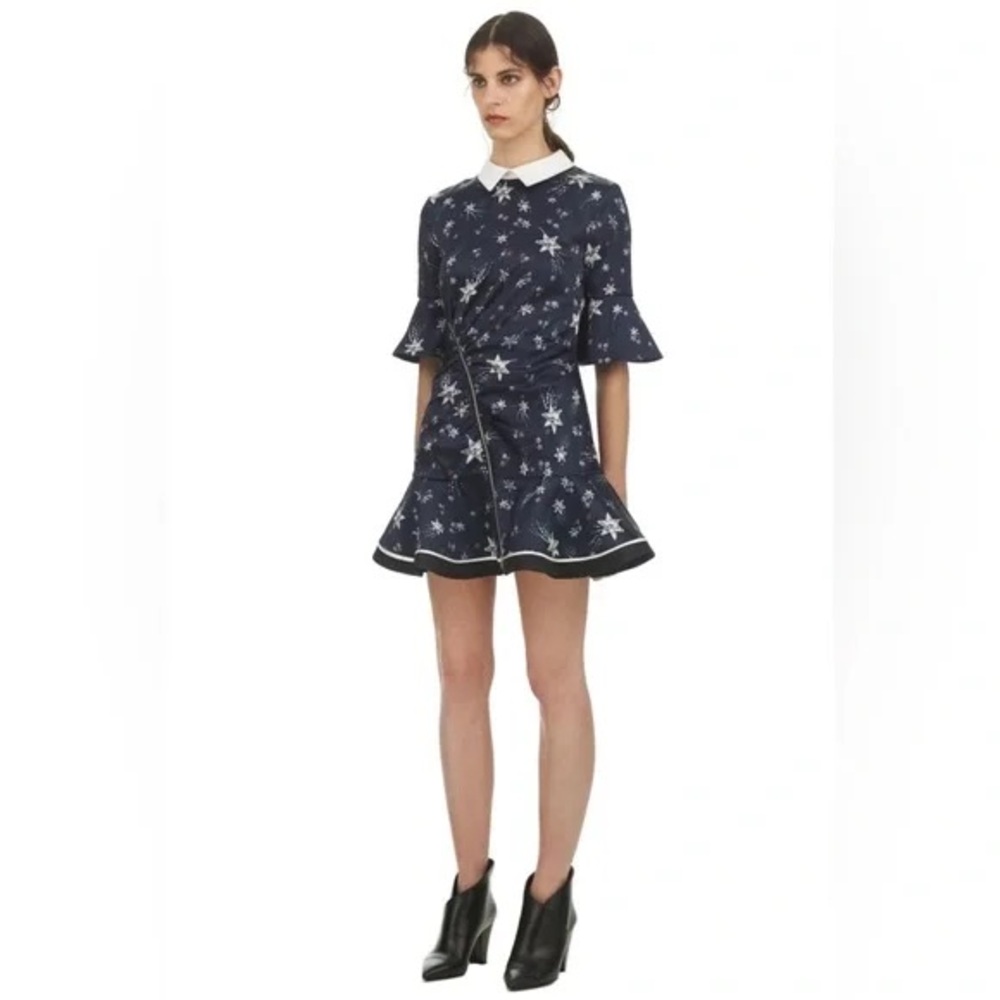 Self-Portrait Ruched Star Print Satin Dress.